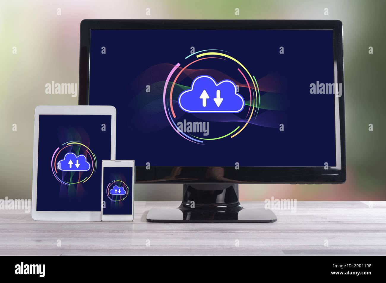 Cloud computing concept shown on different information technology devices Stock Photo