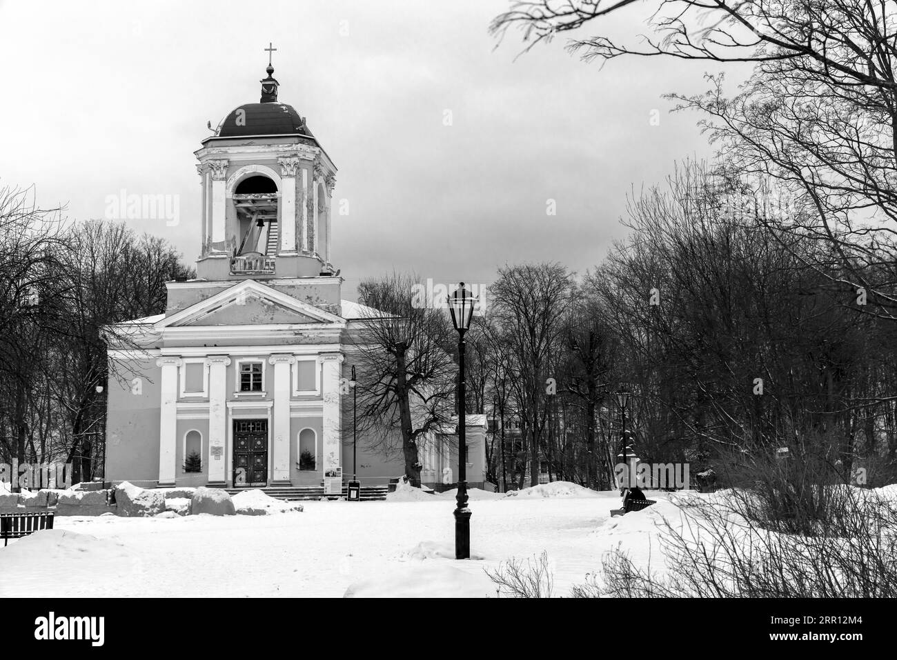 Church of Saints Peter and Paul on a winter day. It is the only Lutheran church in Vyborg that has survived to this day. Black and white photo Stock Photo