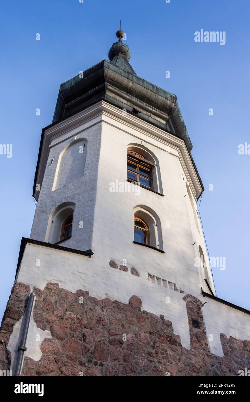 The Old Town Hall Tower of Vyborg close-up photo. It was built in the 1470s along with other towers of the defensive wall of the stone city Stock Photo