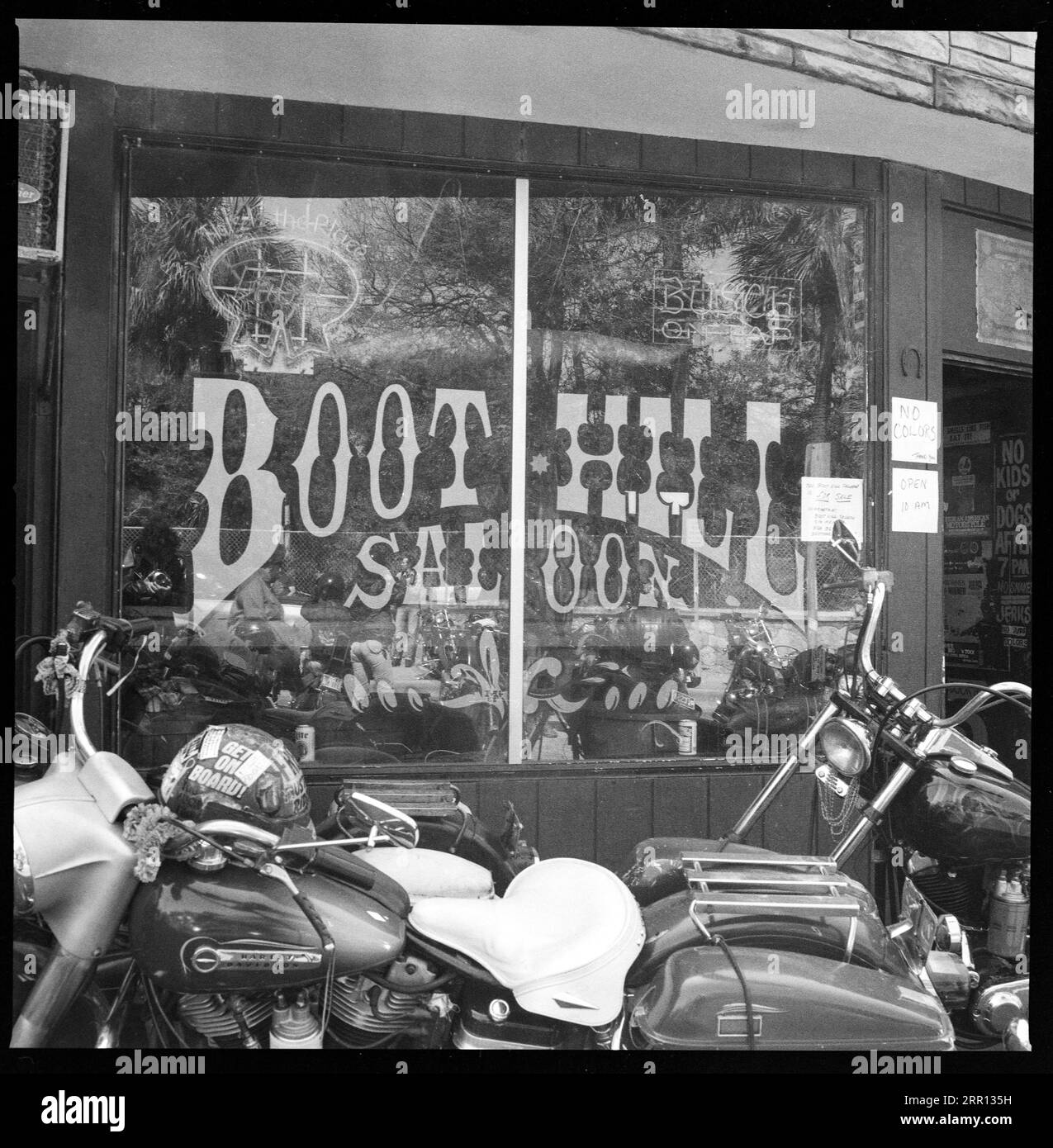 Harley Davidson motorcycles parked in front of the Boot Hill Saloon
