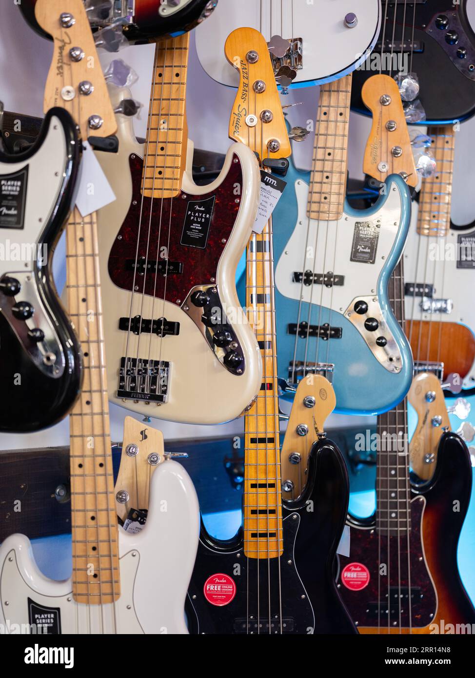 Electric guitars on display in the Music Maker store in Dublin, Ireland