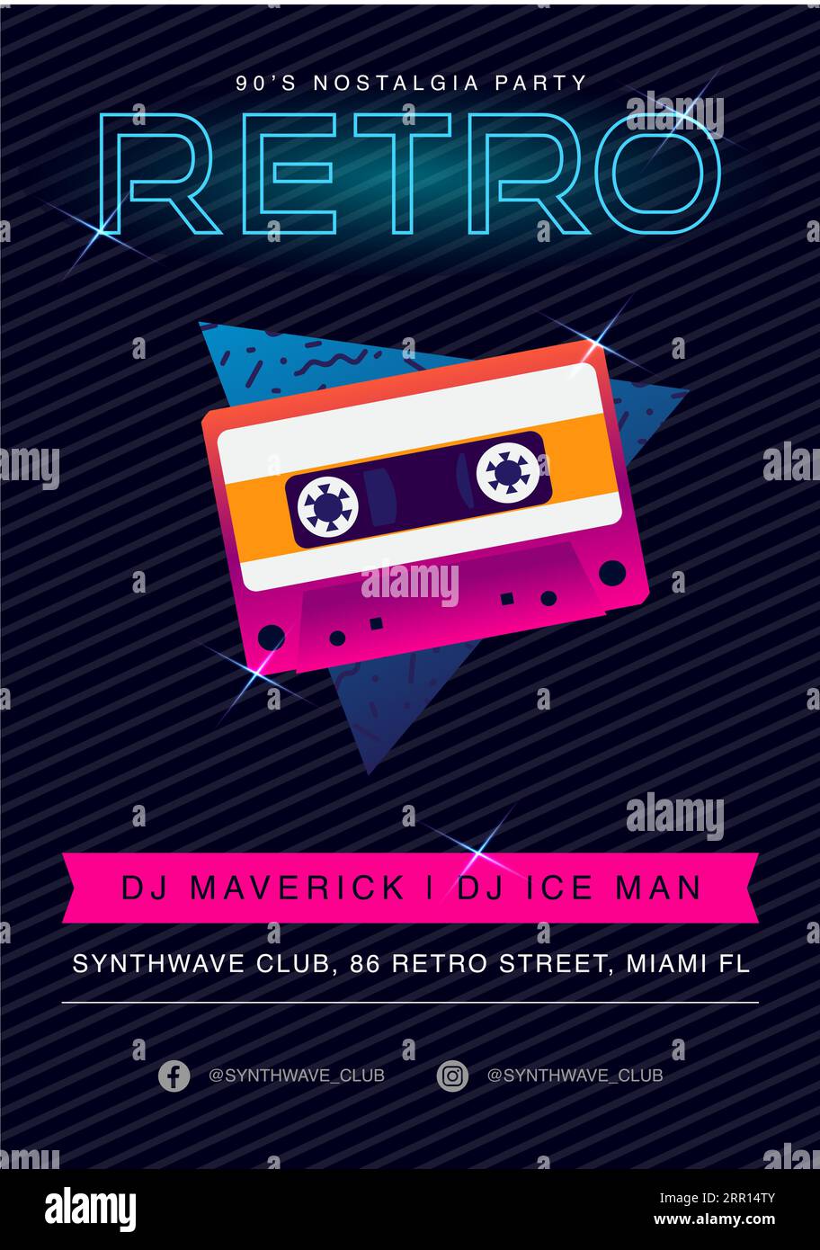 Retro flyer from 90's. Vintage vector graphic template. Poster design in 80's style for club event, music venue, DJ concert. Party festival Stock Vector