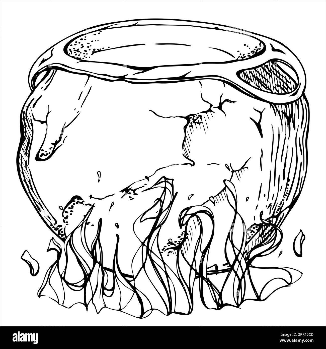 Hand drawn ink vector witch cauldron pot with fire. Sketch illustration art for witchcraft, medicine, chemistry, alchemy. Isolated object, outline Stock Vector