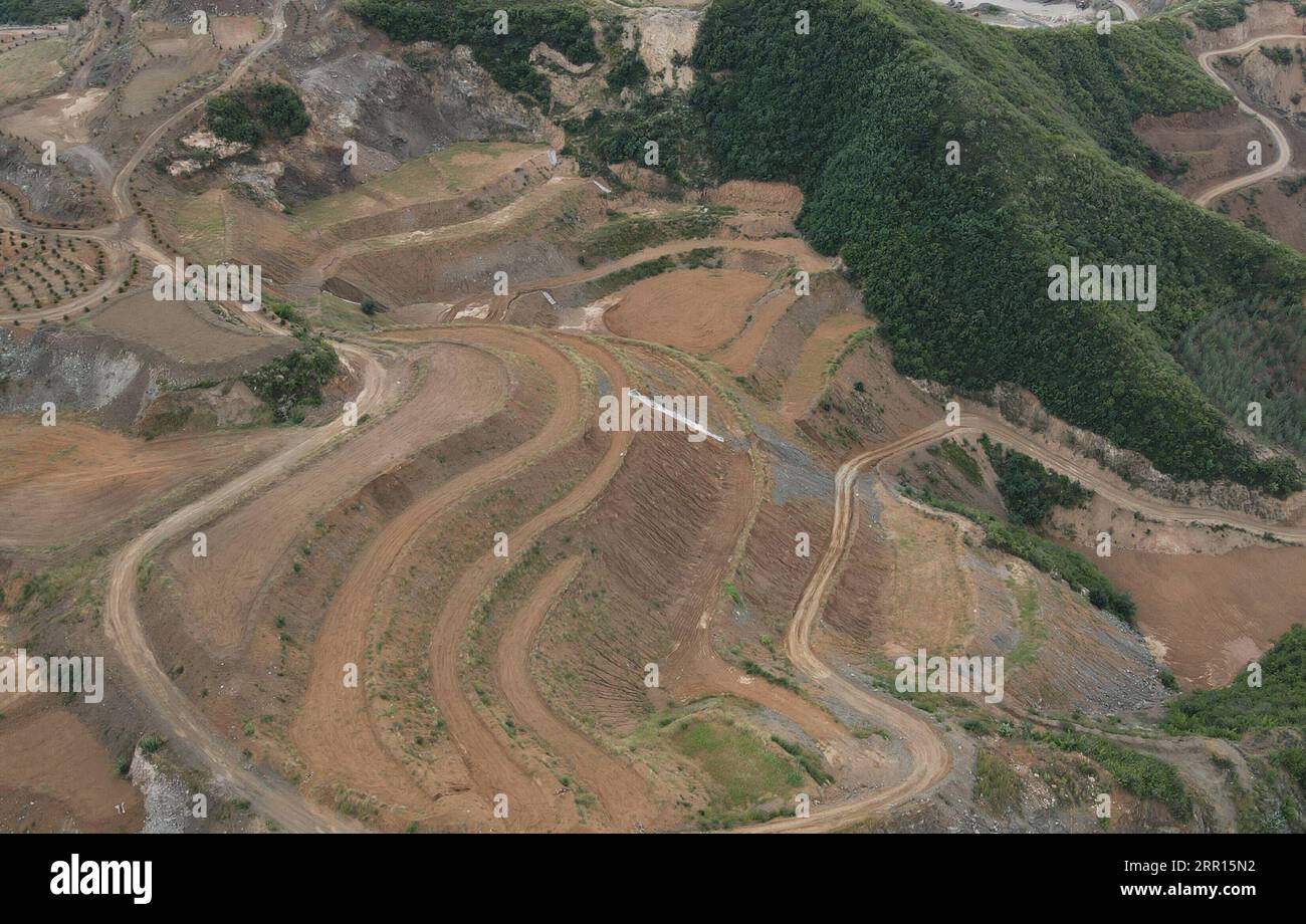 200905 -- QINHUANGDAO, Sept. 5, 2020 -- Aerial photo shows a field for sowing after restoration of a disused mine in Maquanzi Town of Qinglong Manchu Autonomous County, north China s Hebei Province, Sept. 5, 2020. In recent years, Qinglong Manchu Autonomous County has focused on restoring open pits and reclaimed 8,762 mu about 584 hectares of land.  CHINA-HEBEI-MINE-RESTORATION CN YangxShiyao PUBLICATIONxNOTxINxCHN Stock Photo