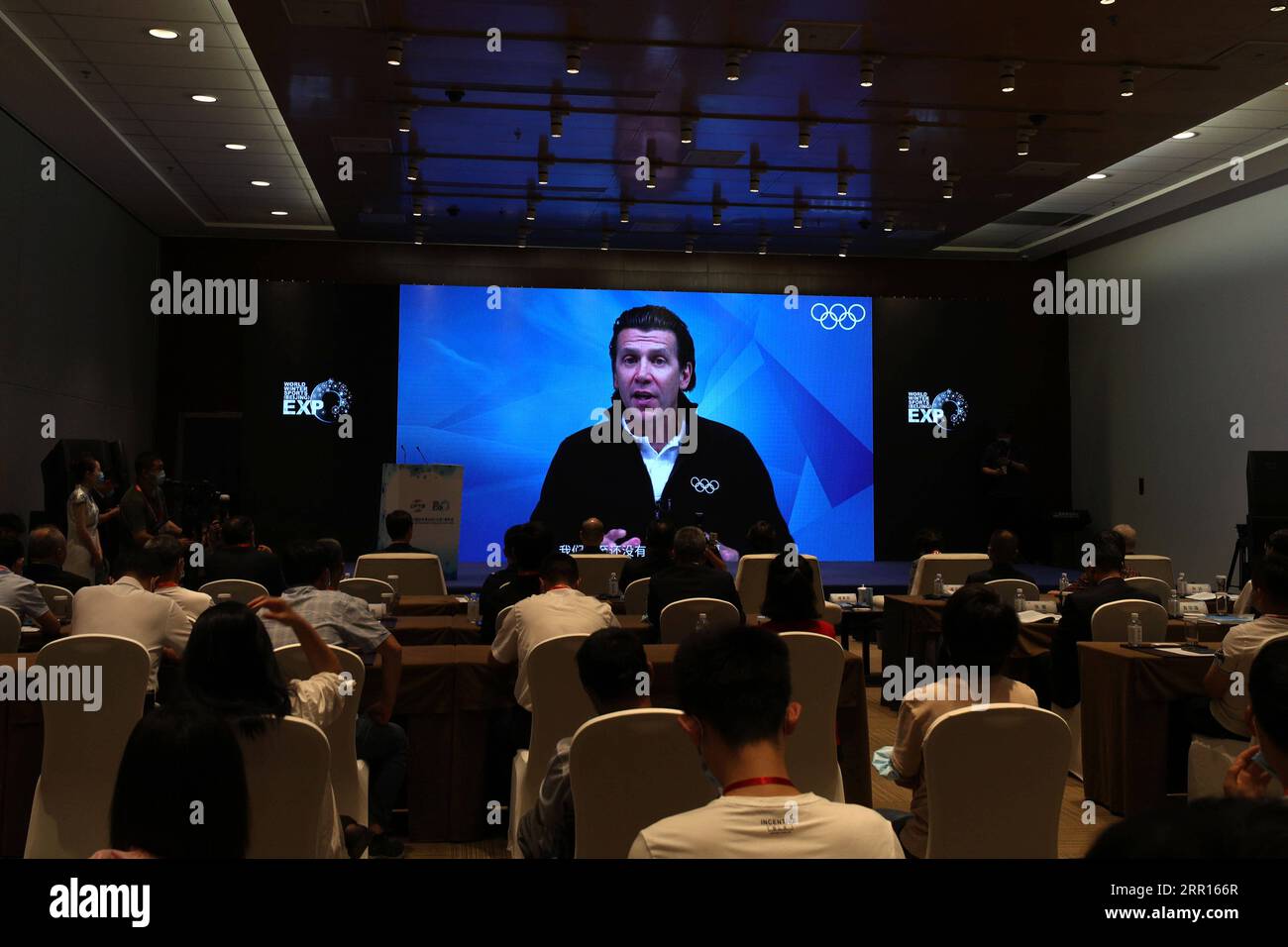 200906 -- BEIJING, Sept. 6, 2020 -- Christophe Dubi, Olympic Games executive director of the International Olympic Committee IOC, delivers a speech via video at the Olympic City Development Forum, in Beijing, capital of China, on Sept. 6, 2020. As part of the World Winter Sports Beijing Expo 2020, the forum was held during the 2020 China International Fair for Trade in Services CIFTIS in Beijing on Sunday.  SPCHINA-BEIJING-CIFTIS-OLYMPIC CITY-FORUM CN LixMing PUBLICATIONxNOTxINxCHN Stock Photo