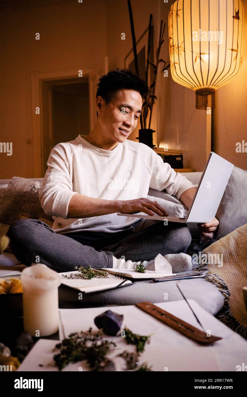 Smiling man using laptop while sitting on sofa in apartment Stock Photo