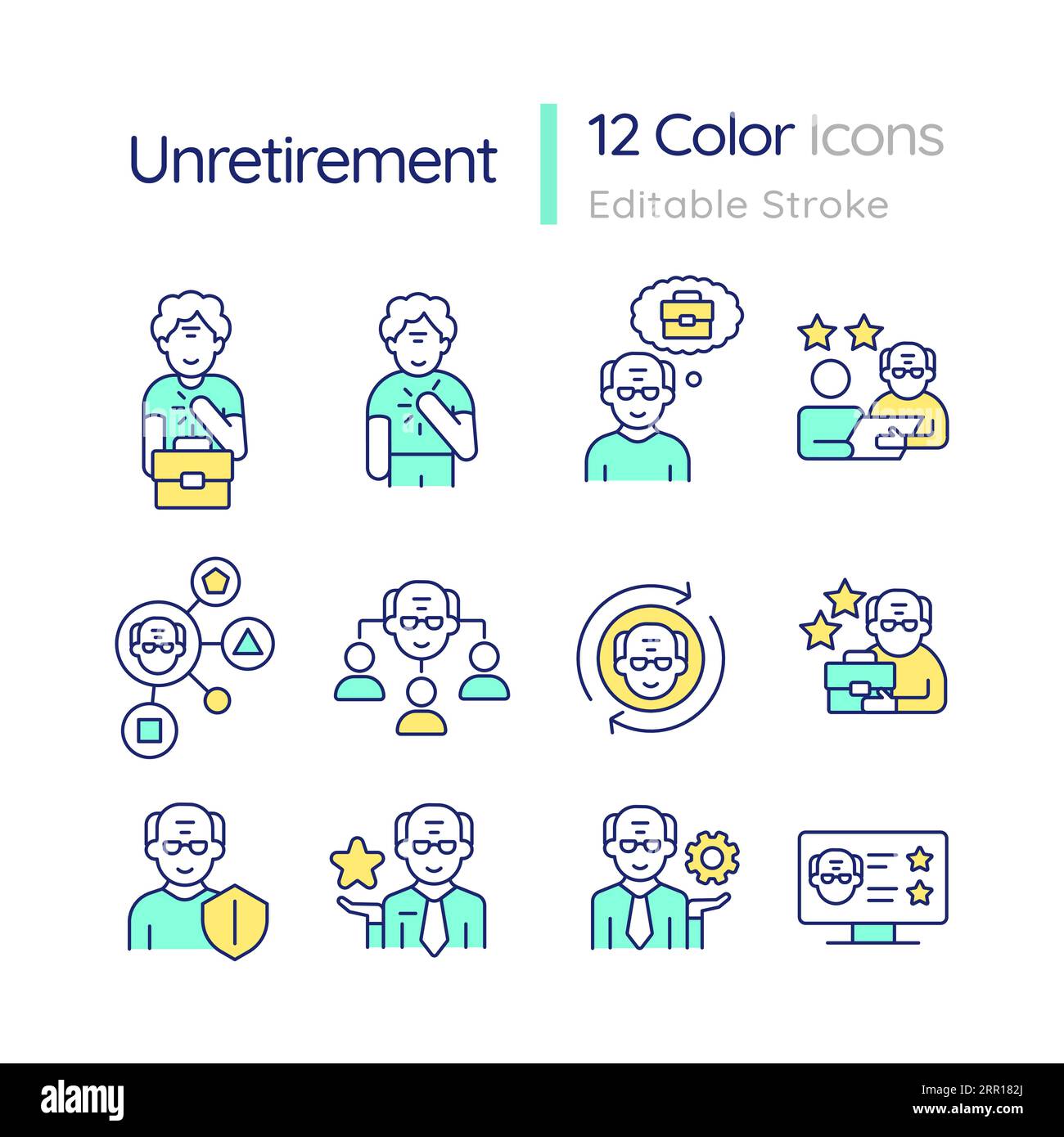 Customizable multicolor line icon set for unretirement Stock Vector