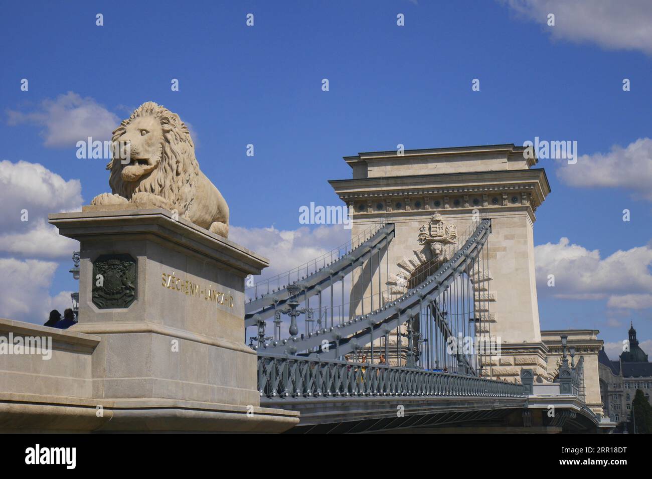 Chain Bridge, Szechenyi Lanchid, connecting Buda and Pest across the River Danube, Budapest, Hungary Stock Photo