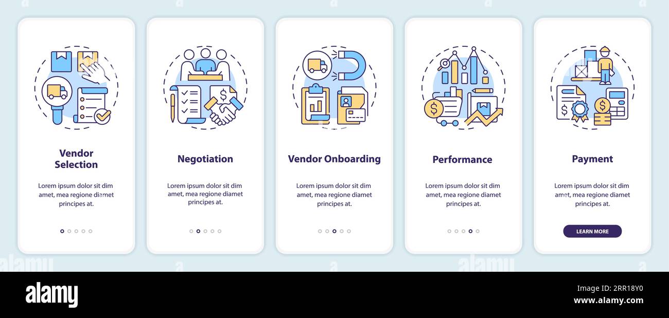 Walkthrough vendor management with thin line icons concept Stock Vector