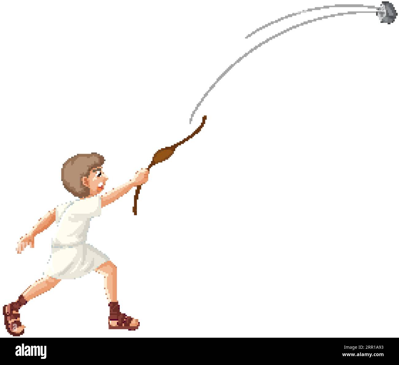 Illustration of David, a young man, pulling a stone from a sling in the biblical story of David and Goliath Stock Vector