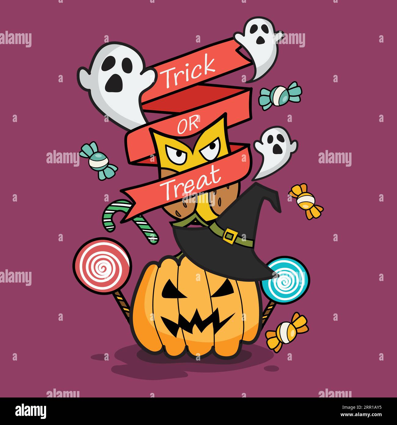 Halloween invitation greeting card doodle style. Halloween pumpkin owl and ghost. Vector illustration Stock Vector
