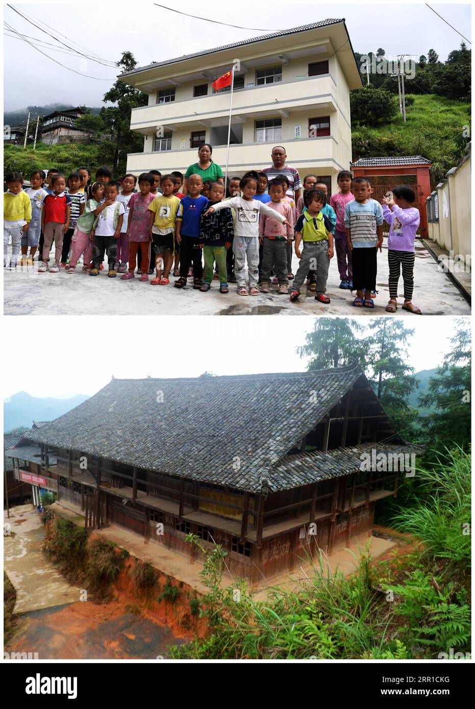 200913 -- RONGJIANG, Sept. 13, 2020 -- This combo photo shows Gun Luquan and Pan Mingzhen posing with students in front of the new school building of Miaoben Primary School in Rongjiang County, southwest China s Guizhou Province top, photo taken on Sept. 9, 2020 and an undated file photo of the old school building bottom. Gun Luquan and his wife Pan Mingzhen are a teacher couple who dedicated themselves to rural students at Miaoben Primary School for more than 20 years in mountainous Rongjiang County. As the school s only two remaining teaching staff members, Gun and Pan have never given up th Stock Photo