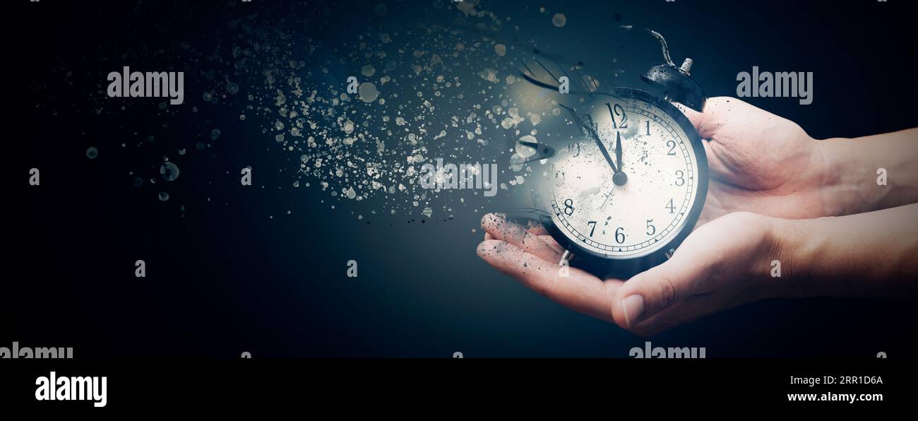 Concept of passing away, the clock breaks down into pieces. Hand