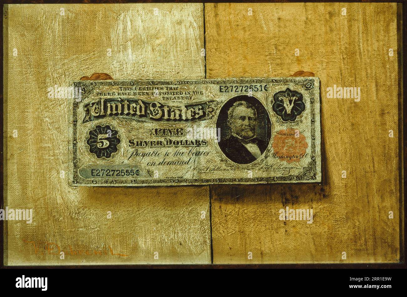 Five Dollar Bill circa 1885 by Victor Dubreuil Stock Photo