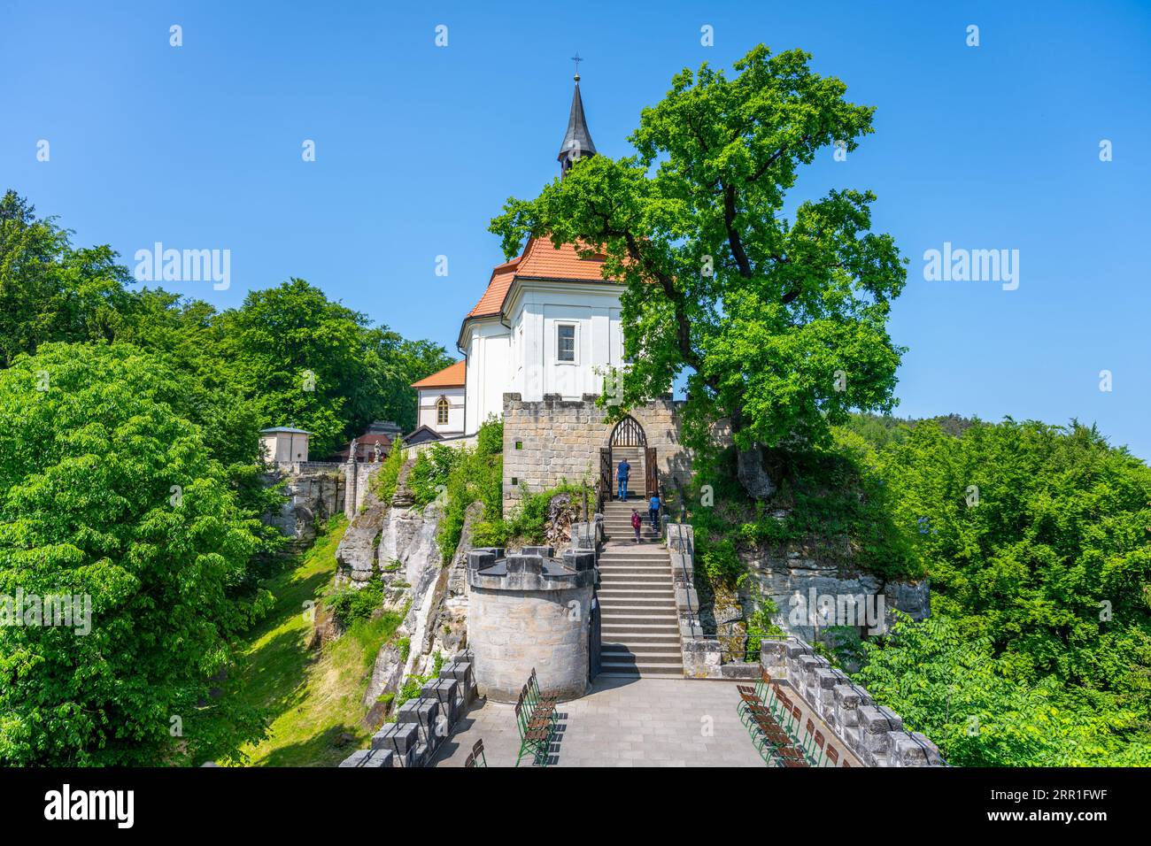 Old medieval castle Valdstejn with The Chapel of the Saint John of Nepomuk in the heart of Bohemian Paradise, Czech Republic Stock Photo