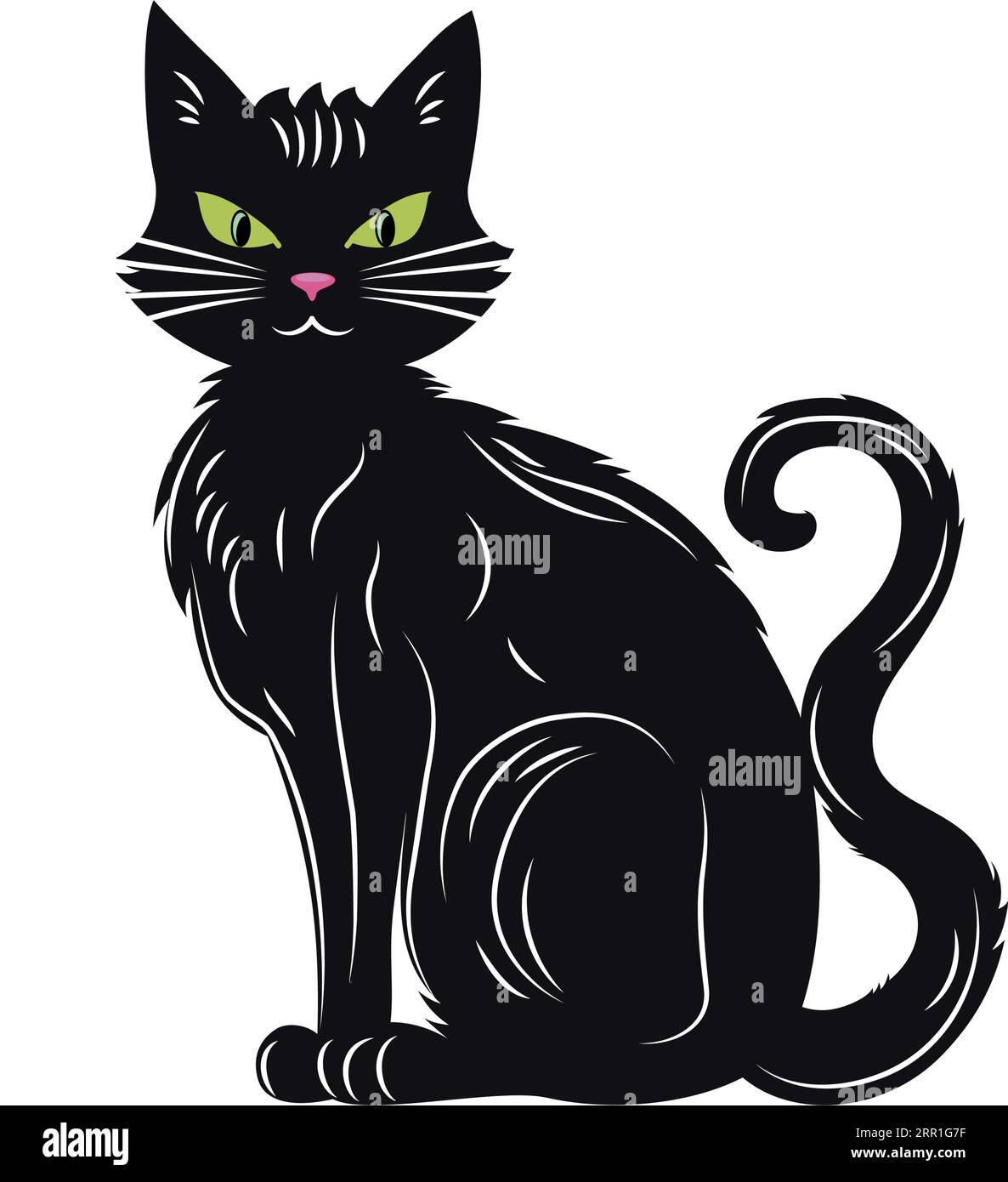 Seated black cat with green eyes. Cute pet. Isolated black cat symbol
