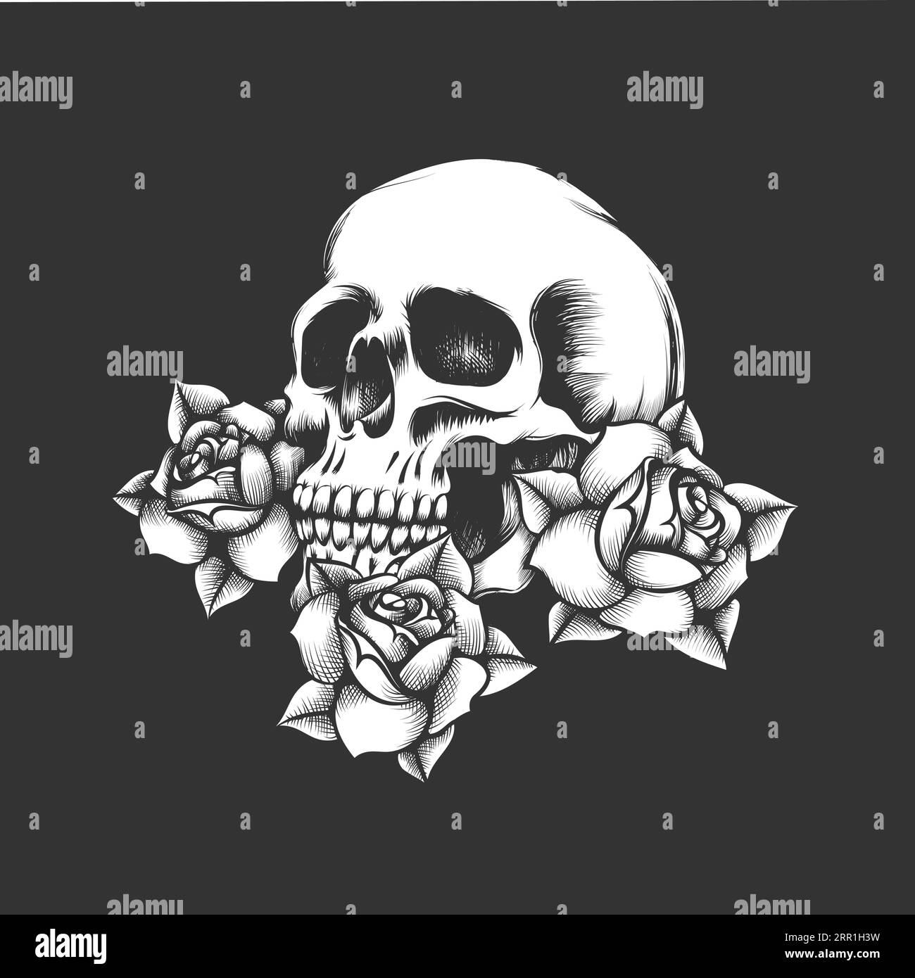 Engraving Tattoo of Human Skull and Rose Flowers isolated on Black Background. Vector illustration Stock Vector