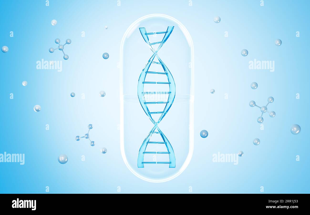 DNA and molecular structure in the blue background, 3d rendering ...