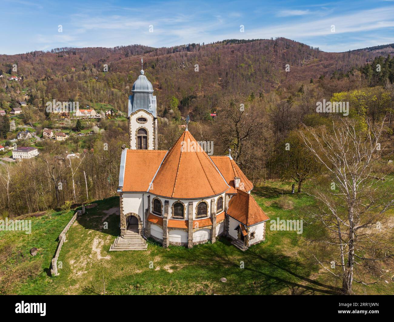 Old church Our Lady U Obrazku in Liberec city in spring day. Drone shot Stock Photo