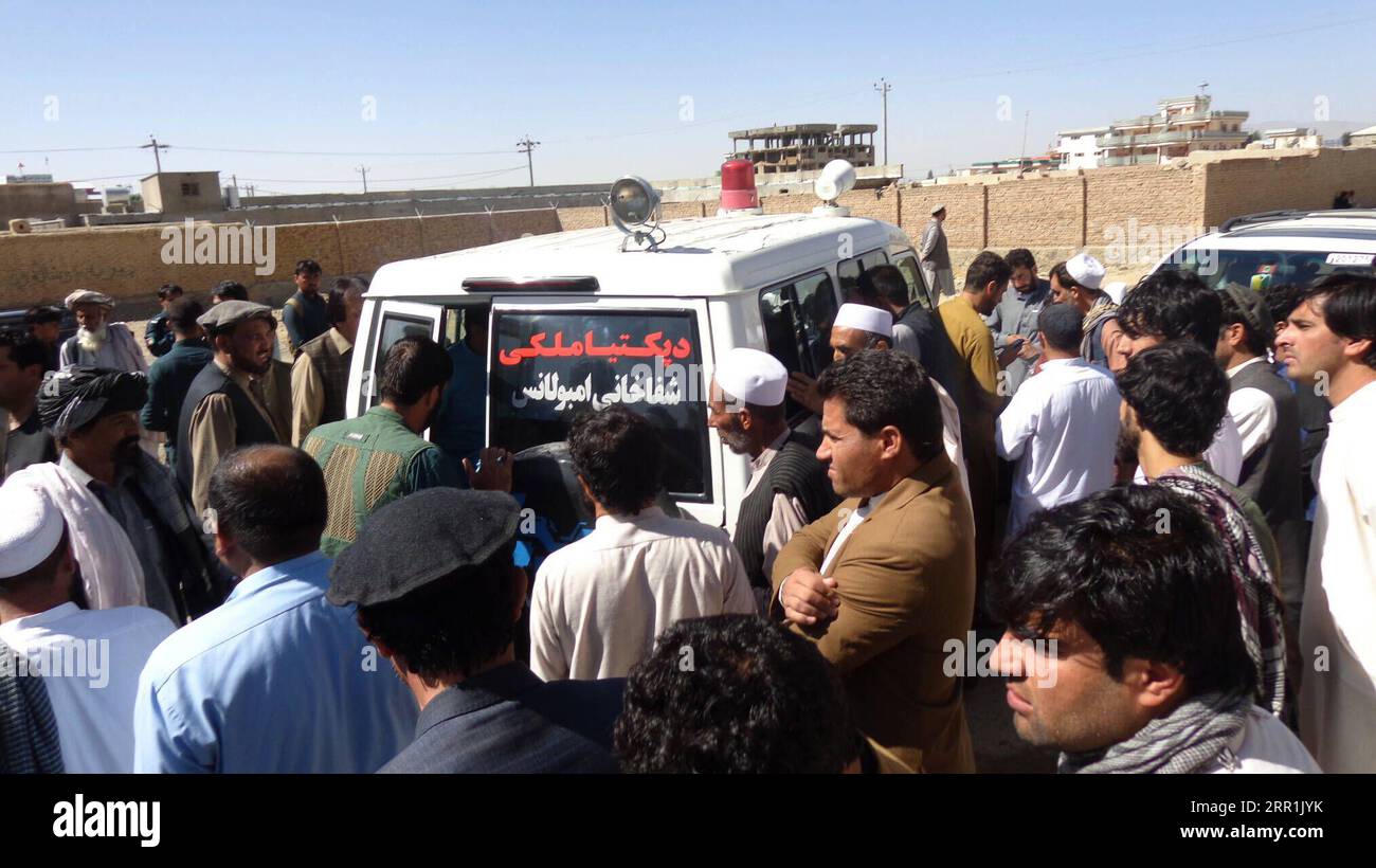 200919 -- GARDEZ AFGHANISTAN, Sept. 19, 2020 -- People gather around an ambulance carring the coffin of Deputy to Paktia Provincial Council Ayoub Gharwal in Gardez city, capital of eastern Paktia province, Afghanistan, on Sept. 19, 2020. Gunmen shot and killed the deputy provincial council in Gardez city on Saturday morning, the latest in a string of targeted attacks in the country, provincial governor confirmed. Photo by /Xinhua AFGHANISTAN-GARDEZ-PROVINCIAL COUNCIL MEMBER-KILLED Ahmadi PUBLICATIONxNOTxINxCHN Stock Photo