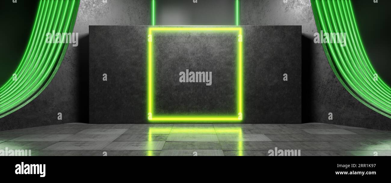 Square portal Neon lights Concrete background Glowing lines Tunnel ...