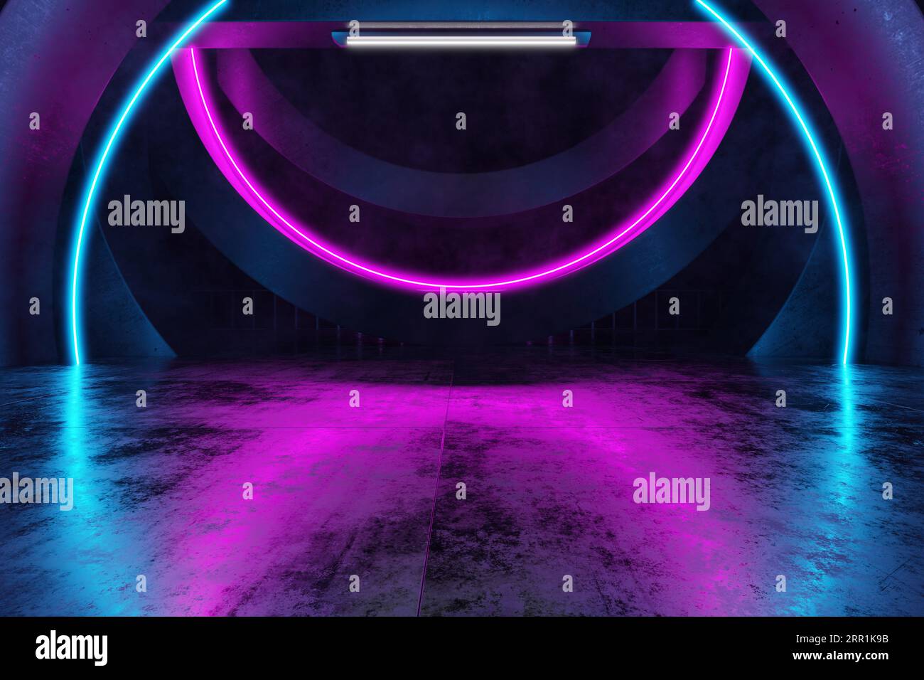 Semicircular portal Neon lights Concrete background Glowing lines ...