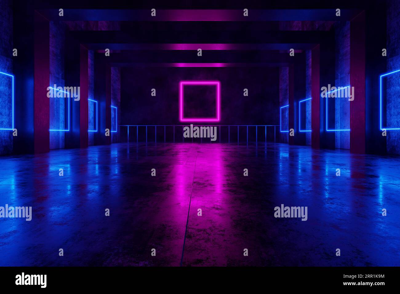Square portal Glowing lines Neon lights Concrete background Tunnel ...