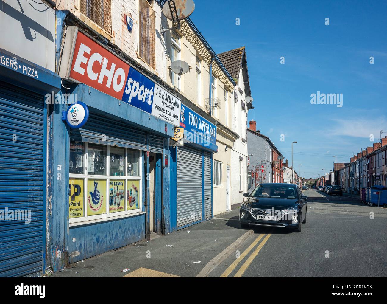 Goodison Road and Residential area outside Goodison Park on a quiet Sunday in Liverpool, UK Stock Photo