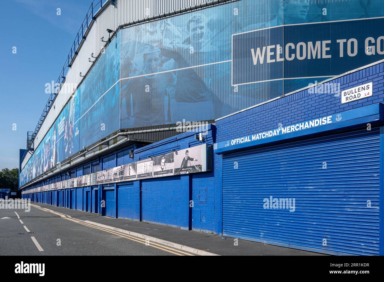Bullens Road and Goodison Park on a quiet Sunday in in Liverpool, UK Stock Photo