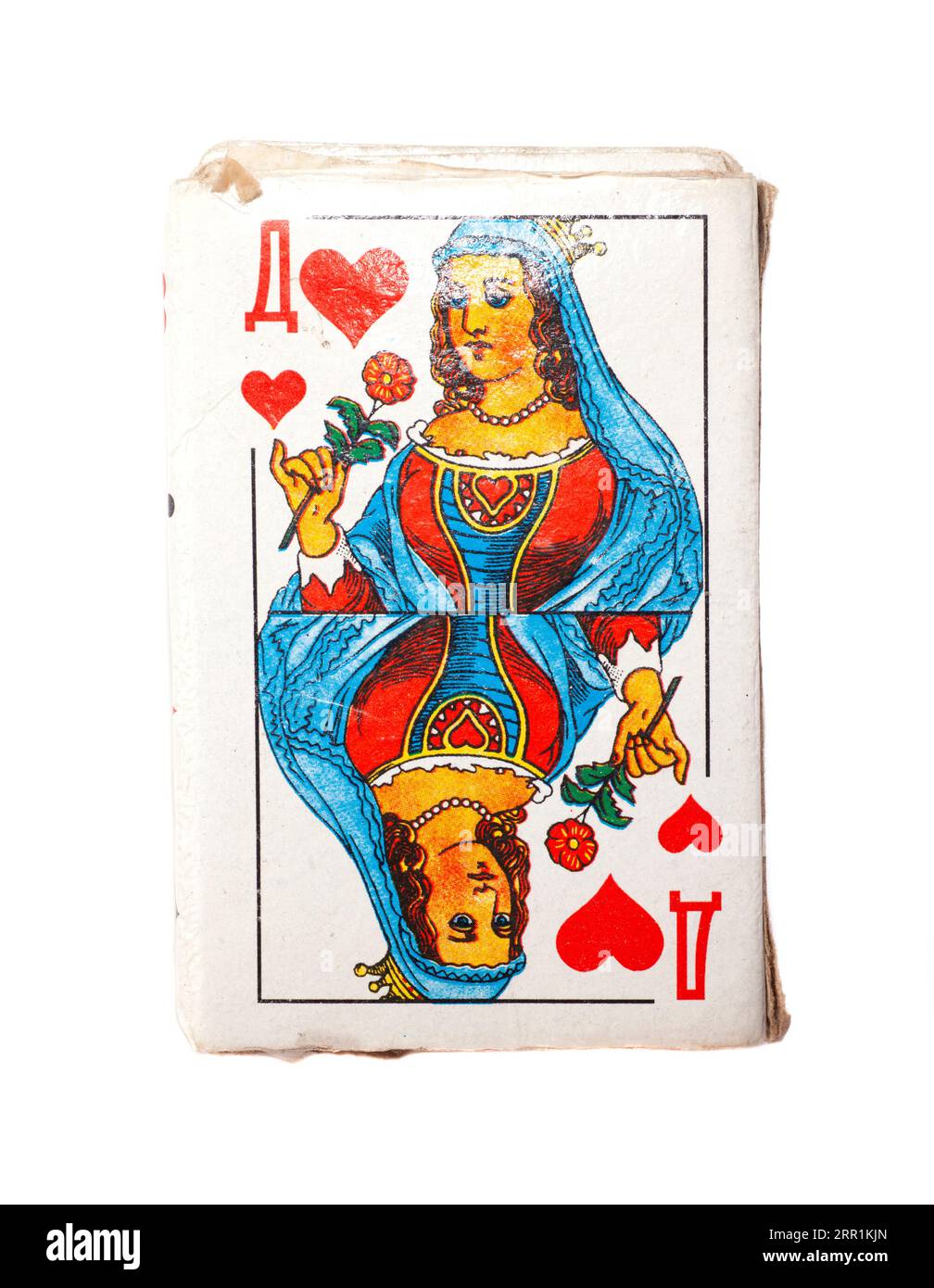 Old deck of cards with the queen of hearts isolated on white Stock Photo Alamy