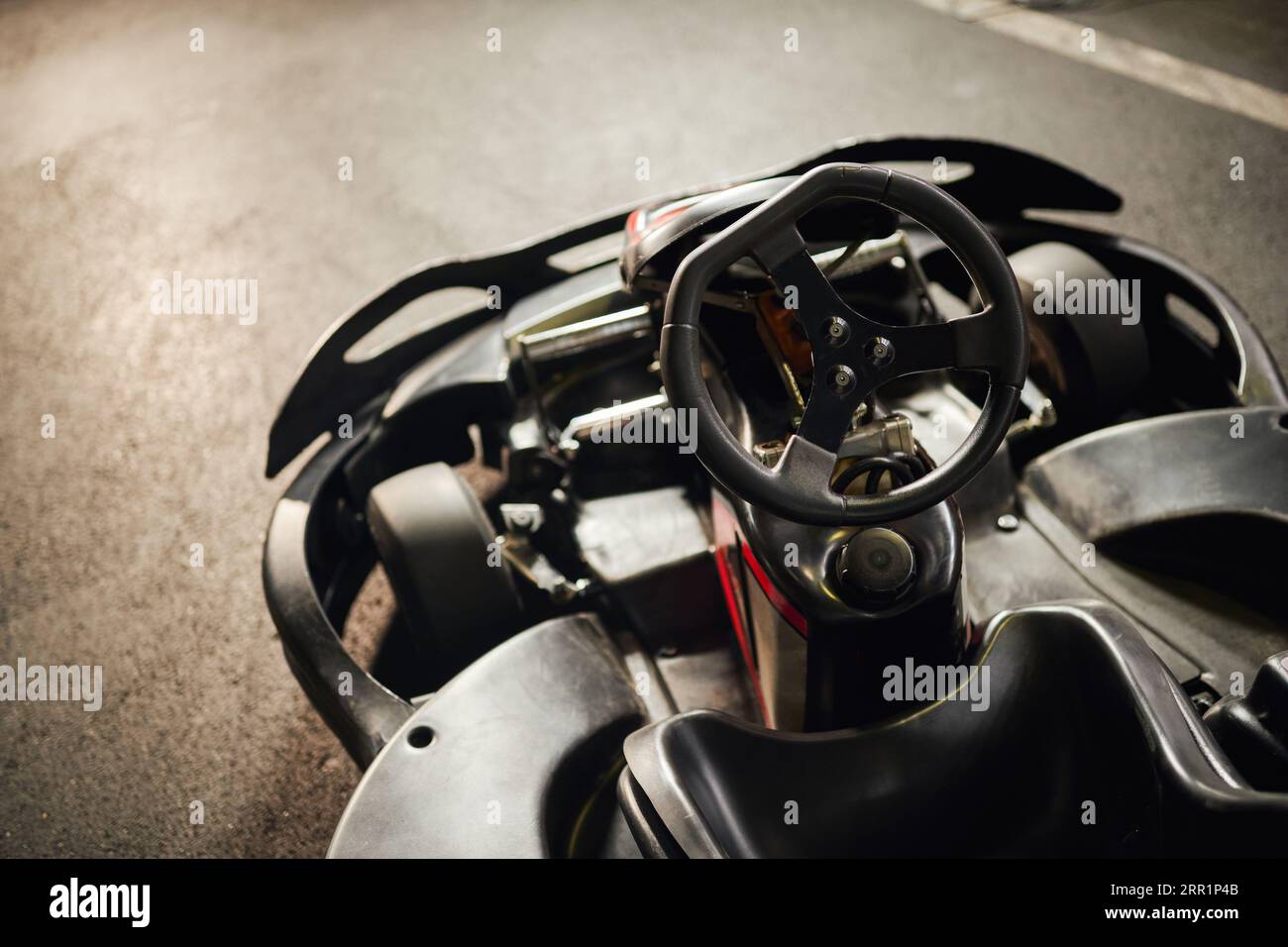 top view of racing car details, motor race vehicle with black steering