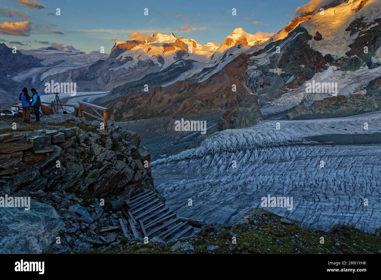 ZERMATT, SWITZERLAND, July 13, 2022 : Near Gandegghutte refuge, with Monte Rosa summits and glaciers landscape. Stock Photo
