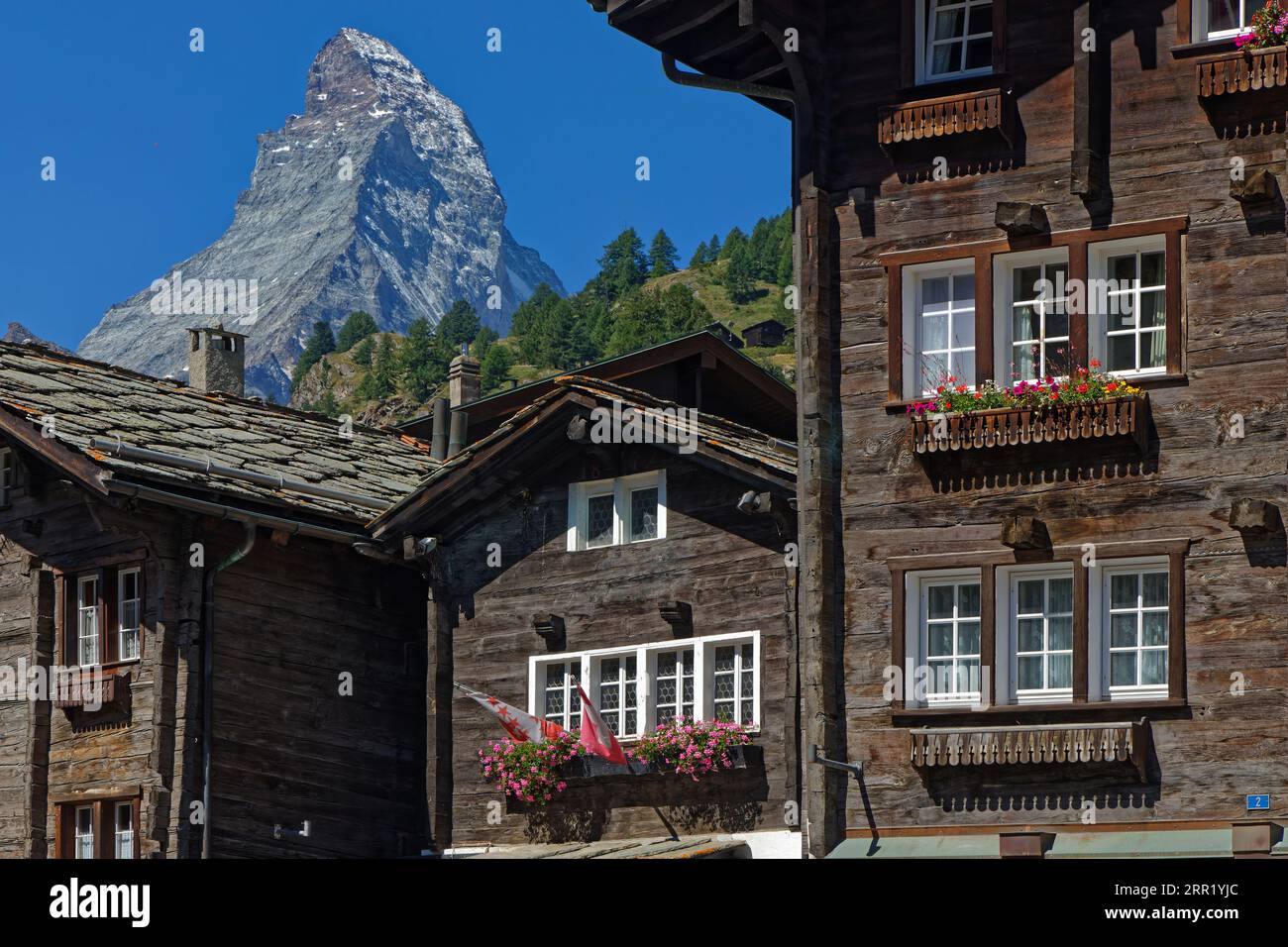 ZERMATT, SWITZERLAND, July 13, 2022 : Zermatt is famed as a mountaineering and ski resort of the Swiss Alps as it lies at the foot of Switzerland's hi Stock Photo