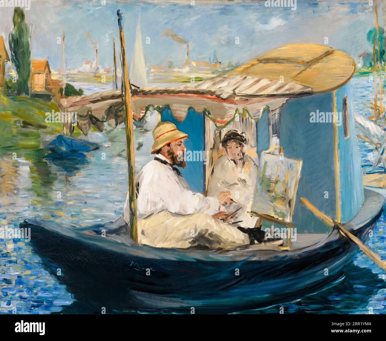Claude Monet painting in his studio boat, portrait painting in oil on canvas by Edouard Manet, 1874 Stock Photo