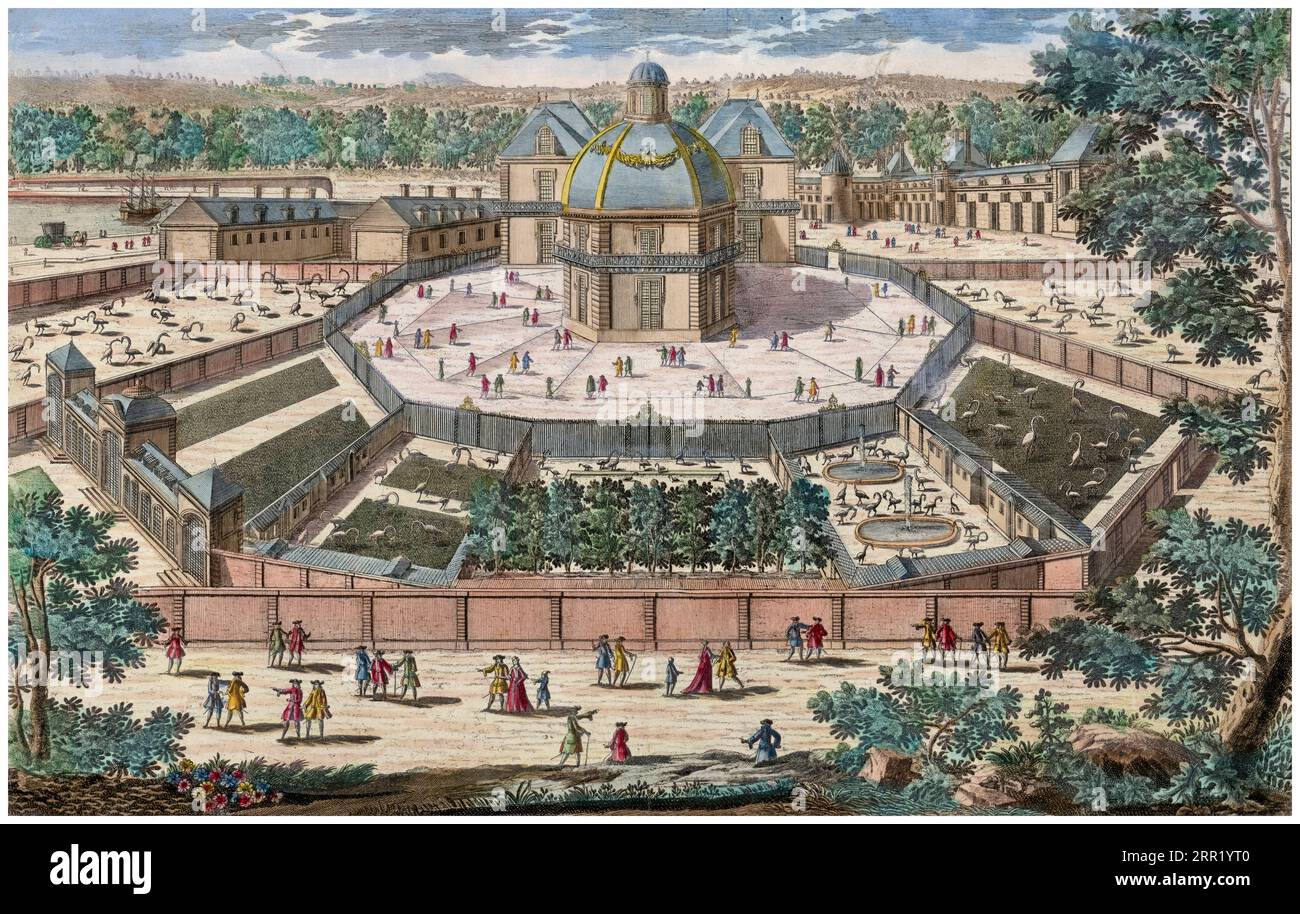Aerial view of The Menagerie of Versailles during the reign of Louis XIV, 1643-1715, etched illustration print by an unknown artist, 1643-1715 Stock Photo