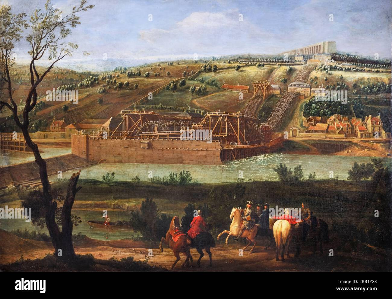 View of the Machine of Marly and the Château de Louveciennes, landscape painting in oil on canvas by Pierre-Denis Martin, 1723 Stock Photo