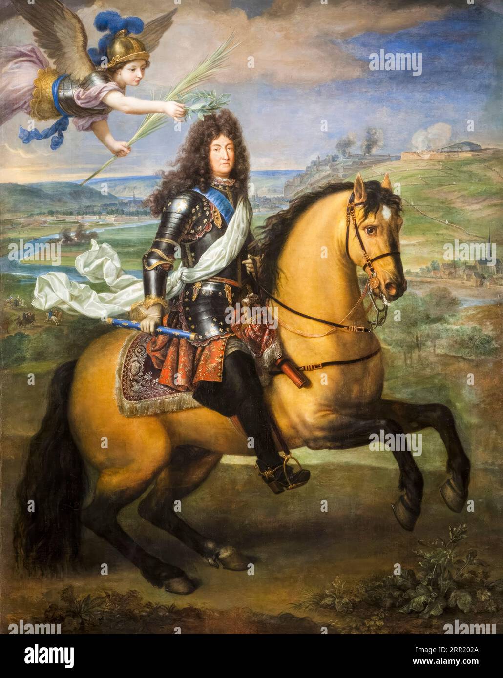 Louis XIV of France (1638-1715), on horseback crowned by Victory before the Siege of Namur (1692), equestrian portrait painting in oil on canvas by Pierre Mignard, circa 1694 Stock Photo