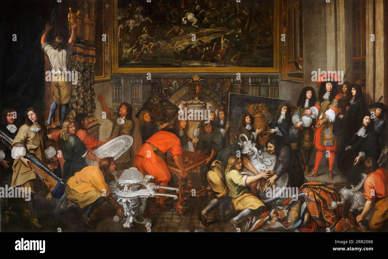 Louis XIV visiting the Gobelins Manufactory (Manufacture des Gobelins), on 15th October 1667, painting in oil by Simon Renard de Saint-André, 1667-1677 Stock Photo