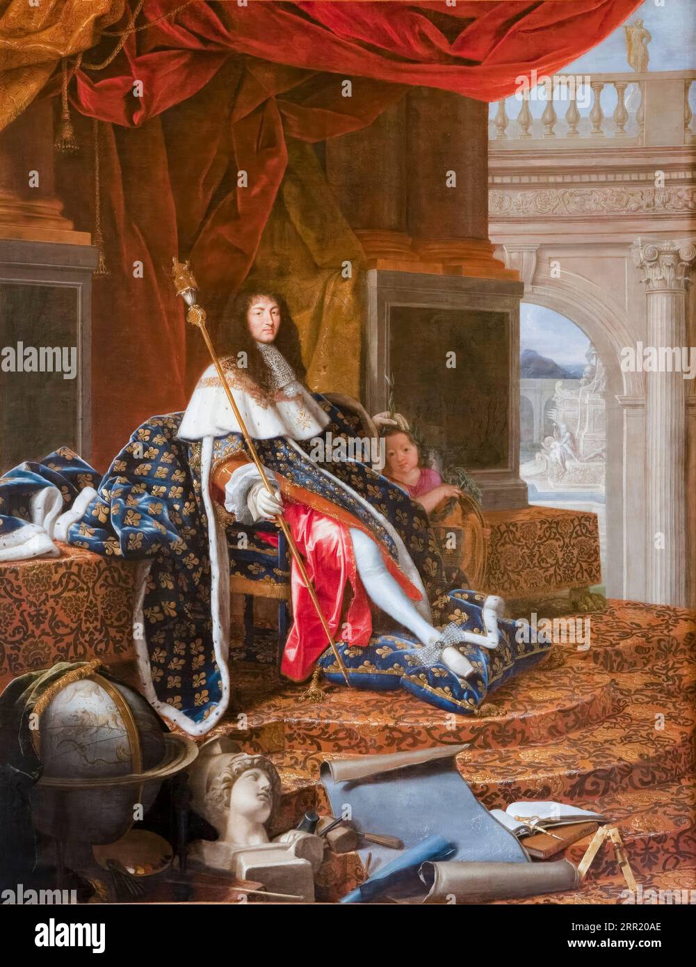 Louis XIV, Protector of the Royal Academy of Painting and Sculpture, portrait painting in oil on canvas by Henri Testelin, 1667 Stock Photo