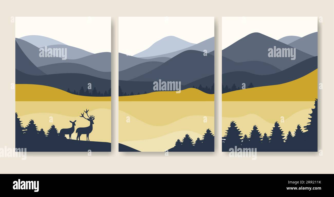 Aesthetic minimalist wildlife art poster set illustration. Deer in the ...