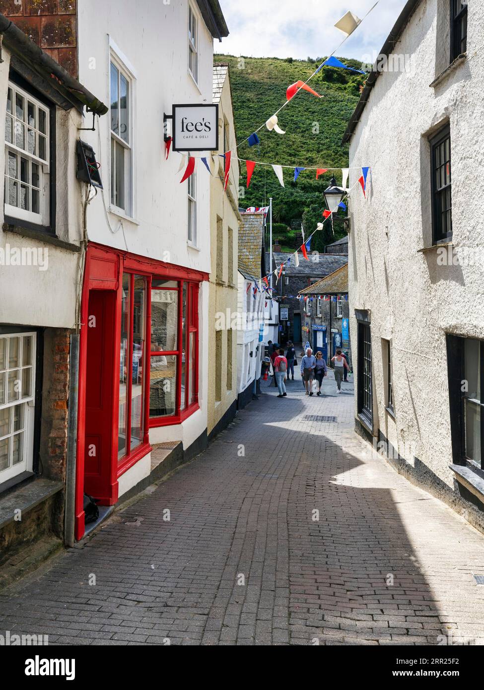 Pedestrians in a narrow alley, tourists, fishing village of Port Isaac, Cornwall, England, United Kingdom Stock Photo