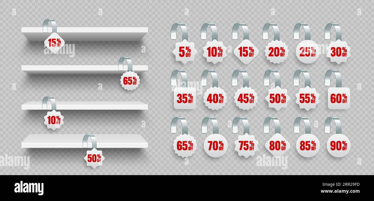 Store shelves with supermarket promotional wobblers. Product shelf and