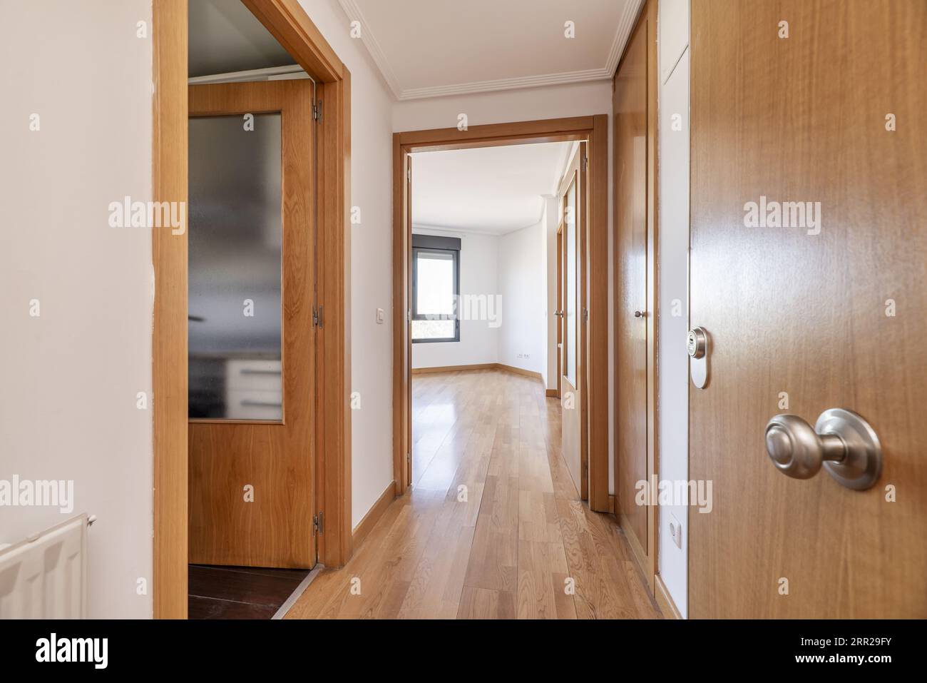 Hallway of a modern home with wooden floors  oak to match the doors of the other rooms Stock Photo