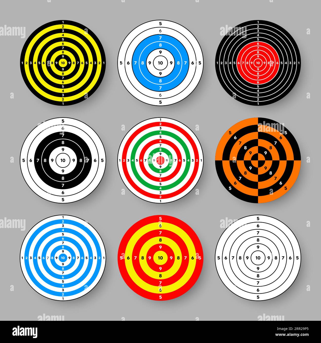 Shooting range paper targets. Round target with divisions, marks and numbers. Archery, gun