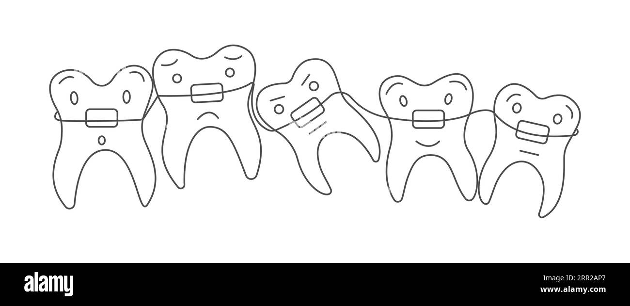 Doodle cute teeth with braces. Dental care. Oral hygiene concept for