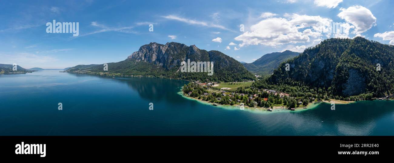 Drone shot, panorama shot, Weissenbach am Attersee with Hoellengebirge, Salzkammergut, Upper Austria, Austria Stock Photo