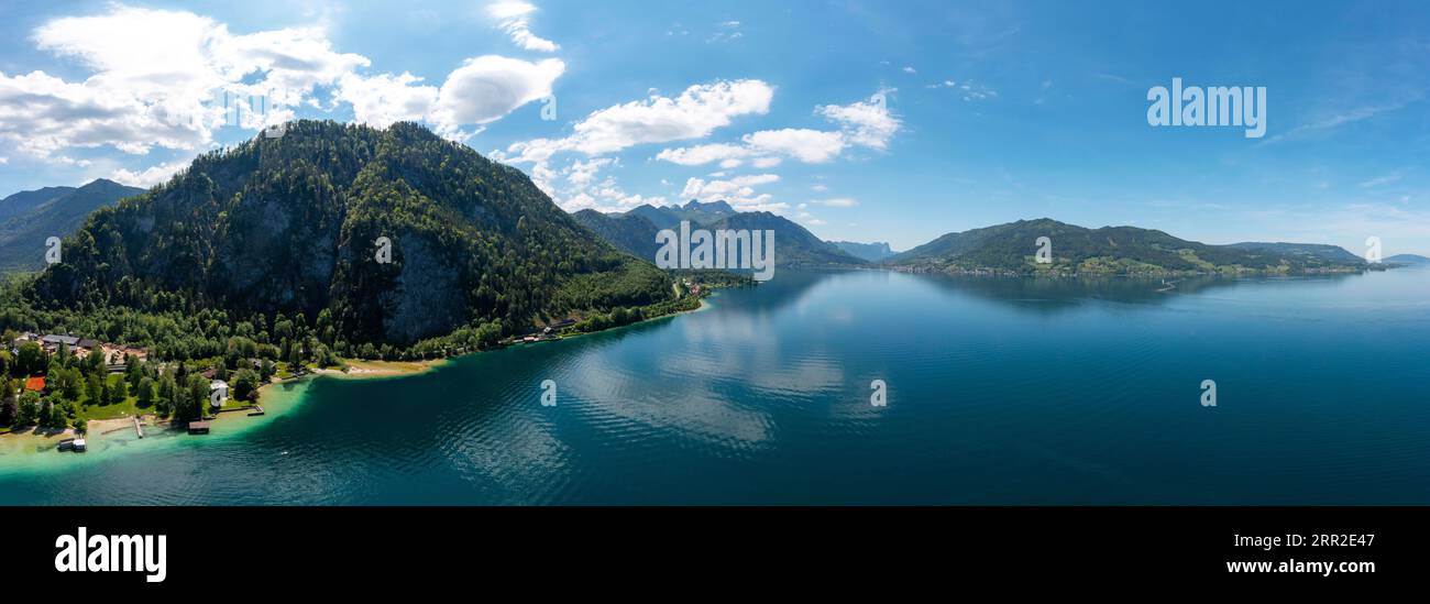 Drone shot, panorama shot, Weissenbach am Attersee, Salzkammergut, Upper Austria, Austria Stock Photo