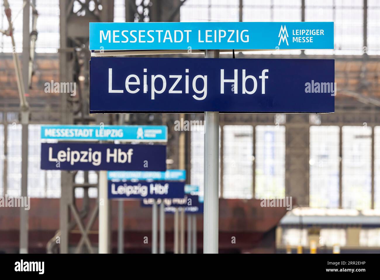 Leipzig Central Station, Europe's largest terminus station, station sign with the addition Messestadt, Leipzig, Saxony, Germany Stock Photo