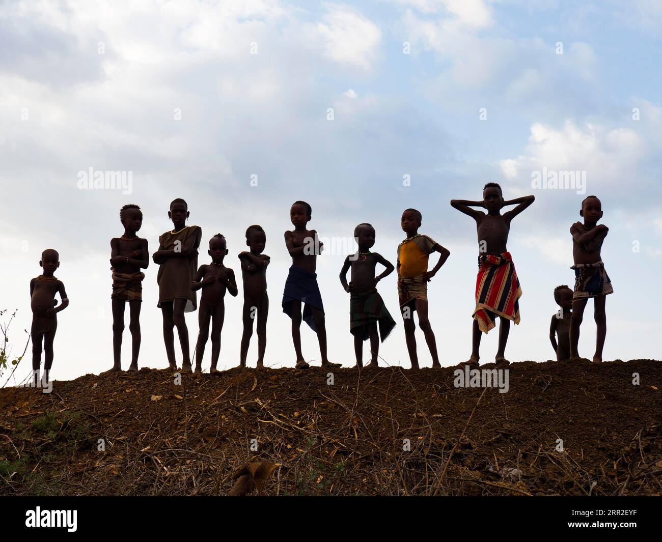 Children of the Hamar tribe, backlit, Omo region, Ethiopia Stock Photo