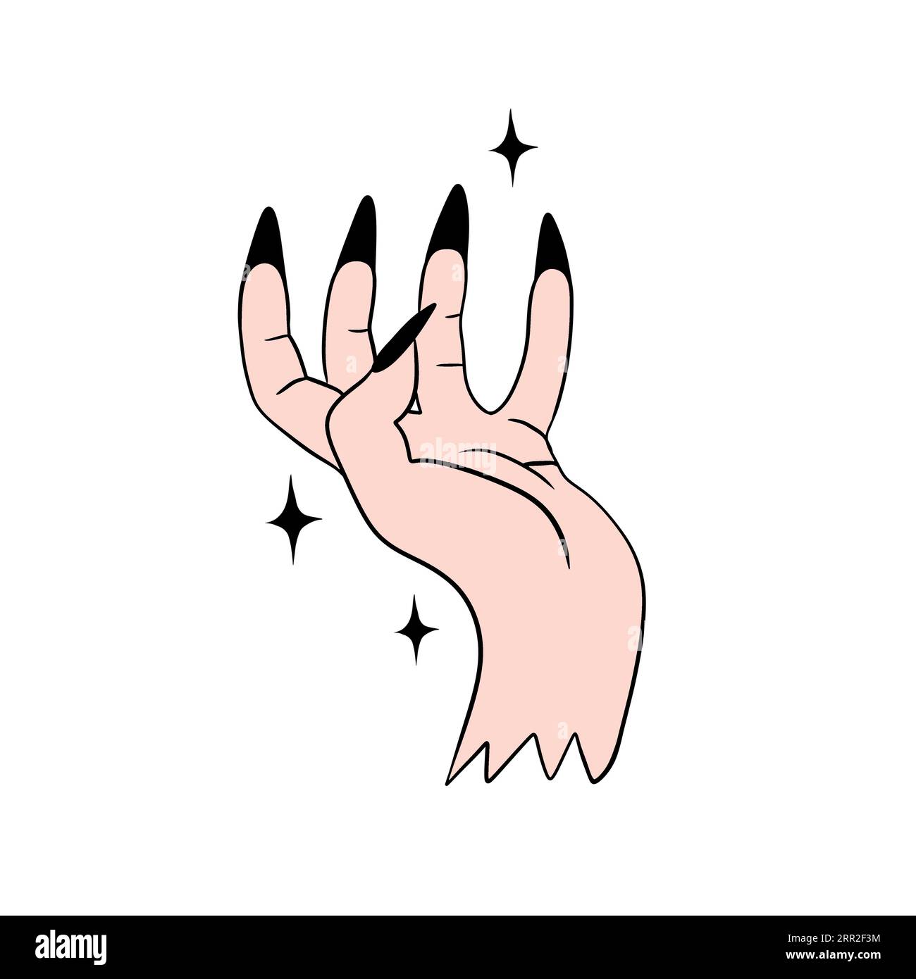 Hand drawn illustration of witch hand with black fingernails nails stars. Witchcraft magic mystic halloween art, elegant mystical dark academia spiritual occult print, esoteric logo Stock Photo